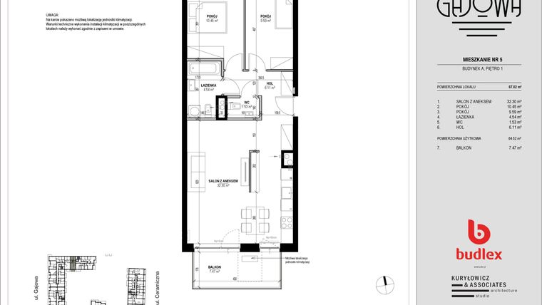 Rzut - Mieszkanie na sprzedaż 3 pokoje o powierzchni 65,14 m² - numer 5 w Gajowa bud. A