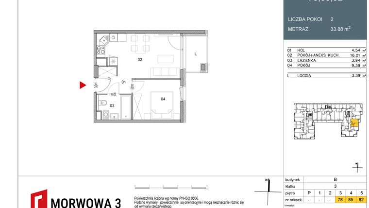 Rzut - Mieszkanie na sprzedaż 2 pokoje o powierzchni 33,88 m² - numer 92 w Morwowa 3