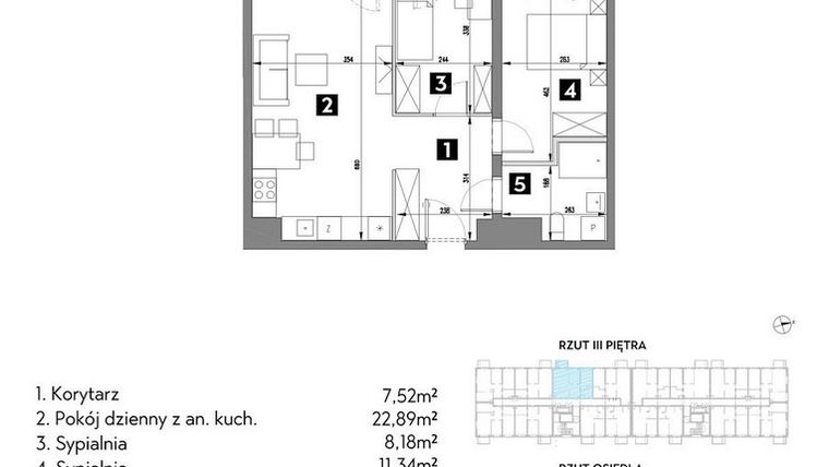Rzut - Mieszkanie na sprzedaż 3 pokoje o powierzchni 55,08 m² - numer A1/3/7 w Metr Kwadrat