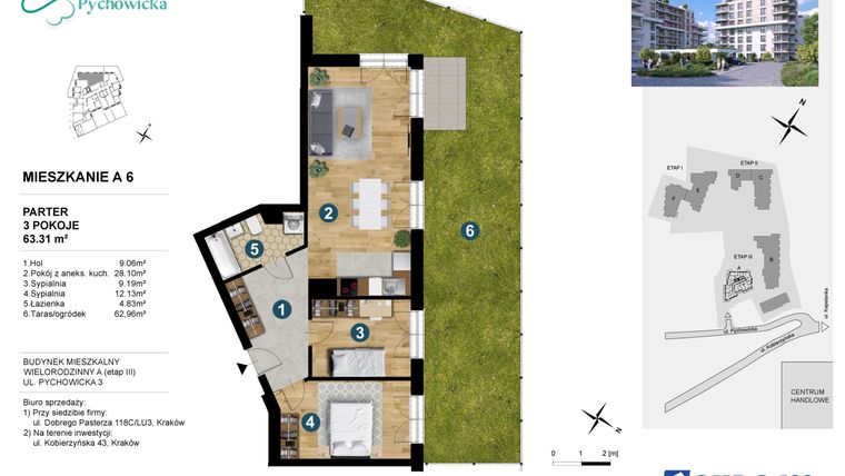 Rzut - Mieszkanie na sprzedaż 3 pokoje o powierzchni 63,31 m² - numer A.6 w Kapelanka-Pychowicka Etap III