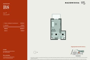 Rzut - Mieszkanie na sprzedaż 1 pokój o powierzchni 26,88 m² - numer B8 w Mazowiecka 115