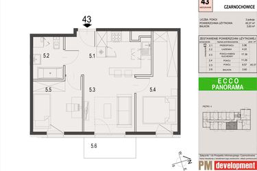 Rzut - Mieszkanie na sprzedaż 3 pokoje o powierzchni 45,37 m² - numer 43.A w Ecco Panorama etap I budynki A, B