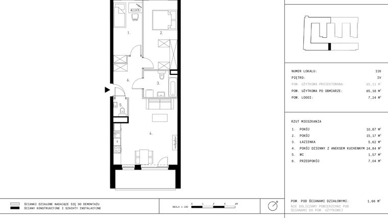 Rzut - Mieszkanie na sprzedaż 3 pokoje o powierzchni 65,18 m² - numer 4.A1-116 w Jurowiecka 22