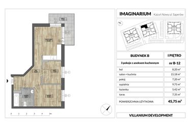 Rzut - Mieszkanie na sprzedaż 3 pokoje o powierzchni 45,75 m² - numer 12 w Imaginarium Kazuń Nowy - bud. B