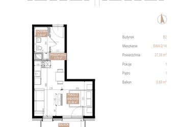Rzut - Mieszkanie na sprzedaż 1 pokój o powierzchni 27,39 m² - numer SWA/2/14/D w Apartamenty Świeradowska