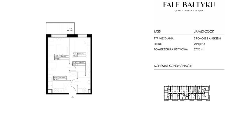 Rzut - Mieszkanie na sprzedaż 2 pokoje o powierzchni 37,9 m² - numer FBJC-M35 w Fale Bałtyku Cook