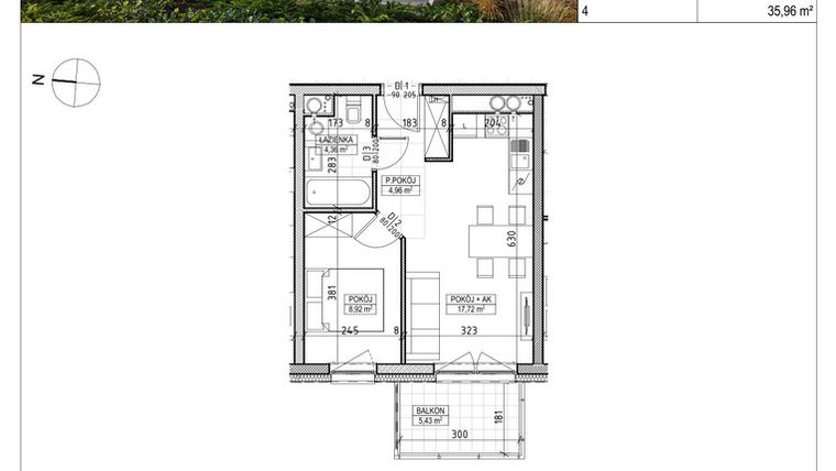 Rzut - Mieszkanie na sprzedaż 2 pokoje o powierzchni 35,96 m² - numer A3.01.21 w AURA