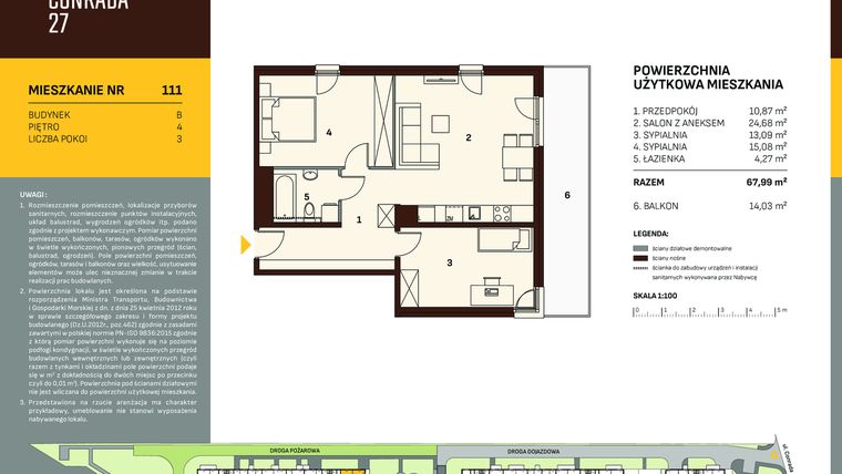 Rzut - Mieszkanie na sprzedaż 3 pokoje o powierzchni 67,99 m² - numer B.111 w Conrada 27