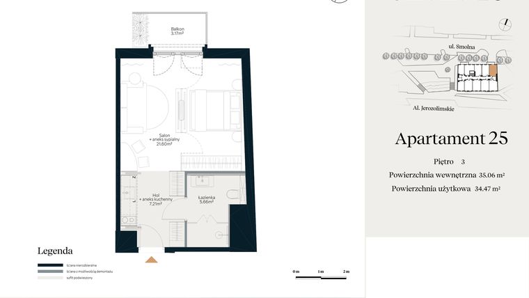 Rzut - Mieszkanie na sprzedaż 1 pokój o powierzchni 35,06 m² - numer U.4.25 w Smolna 23