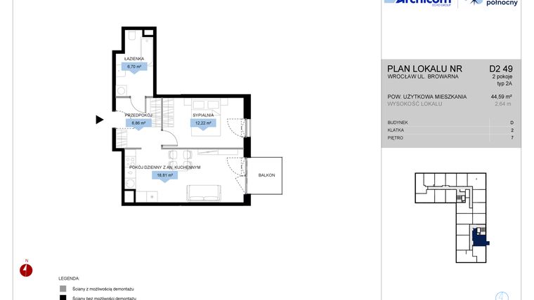 Rzut - Mieszkanie na sprzedaż 2 pokoje o powierzchni 44,59 m² - numer D2.49 w Bulwar Północny