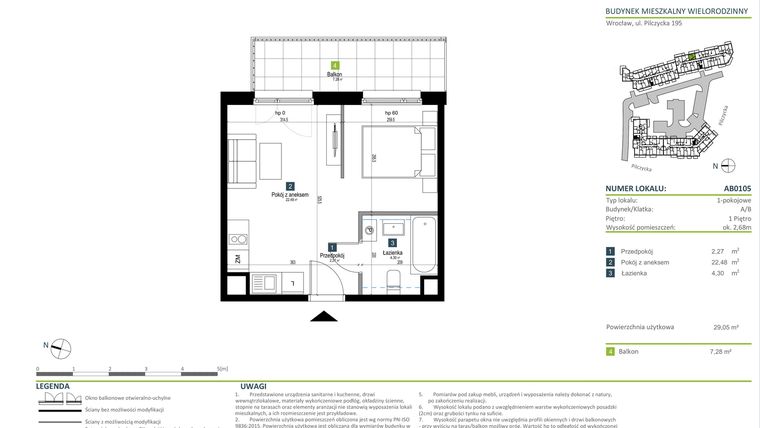 Rzut - Mieszkanie na sprzedaż 1 pokój o powierzchni 29,05 m² - numer AB0105 w Pilczycka Vita