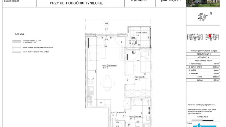Rzut - Mieszkanie na sprzedaż 2 pokoje o powierzchni 39,6 m² - numer A11 w Podgórki Tynieckie