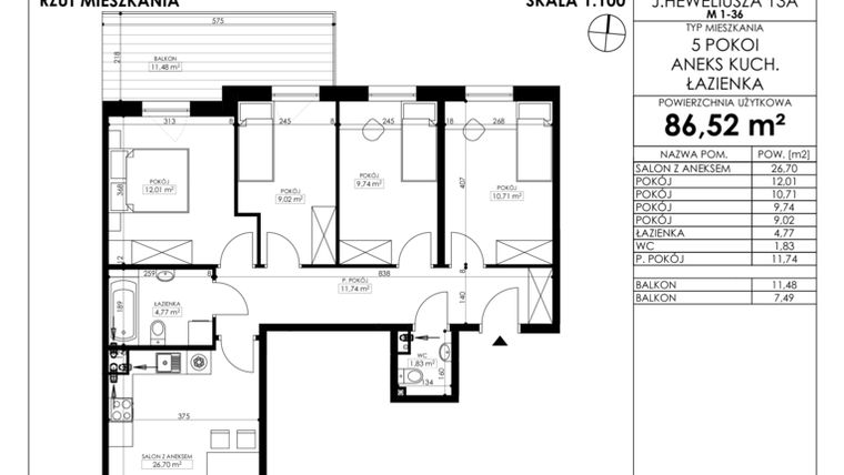 Rzut - Mieszkanie na sprzedaż 5 pokoi o powierzchni 86,52 m² - numer JAR-II-B-LM-M36 w Osiedle JAR Heweliusza etap II