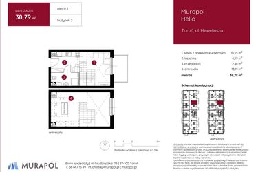 Rzut - Mieszkanie na sprzedaż 1 pokój o powierzchni 38,82 m² - numer 2.A.2.15 w Murapol Helio