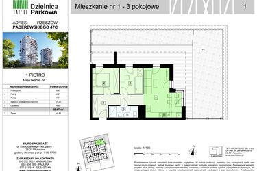 Rzut - Mieszkanie na sprzedaż 3 pokoje o powierzchni 52,67 m² - numer 1/B8 w Dzielnica Parkowa VIII