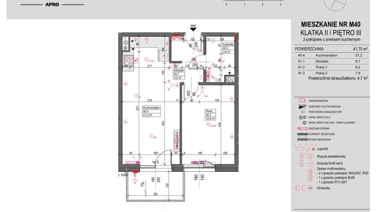 Rzut - Mieszkanie na sprzedaż 2 pokoje o powierzchni 41,7 m² - numer M40 w Antczaka 46