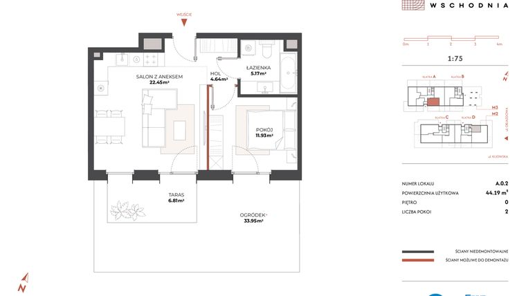 Rzut - Mieszkanie na sprzedaż 2 pokoje o powierzchni 44,19 m² - numer A.0.2 w Drucianka Wschodnia