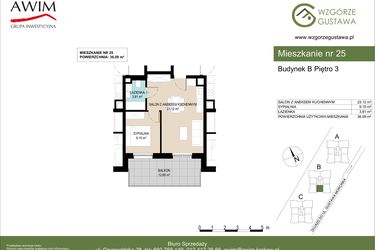 Rzut - Mieszkanie na sprzedaż 2 pokoje o powierzchni 36,09 m² - numer B25 w Wzgórze Gustawa