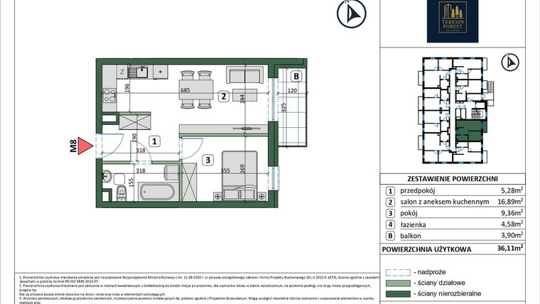 Rzut - Mieszkanie na sprzedaż 2 pokoje o powierzchni 36,11 m² - numer 8 w Osiedle przy Sportowej etap III
