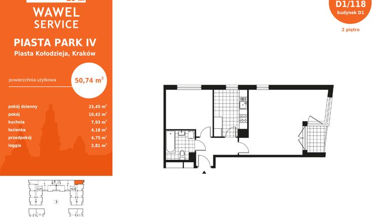 Rzut - Mieszkanie na sprzedaż 2 pokoje o powierzchni 50,96 m² - numer 63F/118 w Piasta Park IV