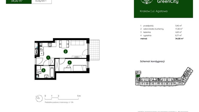 Rzut - Mieszkanie na sprzedaż 2 pokoje o powierzchni 34 m² - numer 1.A.0.11 w Murapol GreenCity bud. 1