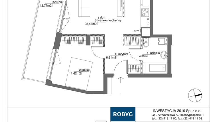 Rzut - Mieszkanie na sprzedaż 2 pokoje o powierzchni 46 m² - numer RM/1A/A/1/8 w Rytm Mokotowa - etap 1A