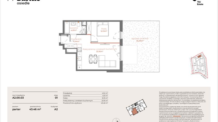 Rzut - Mieszkanie na sprzedaż 2 pokoje o powierzchni 43,46 m² - numer A2-00.03 w Sarnie Osiedle
