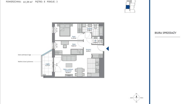 Rzut - Mieszkanie na sprzedaż 3 pokoje o powierzchni 61,59 m² - numer 8.2 w SEAHall