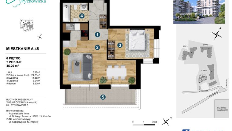 Rzut - Mieszkanie na sprzedaż 2 pokoje o powierzchni 45,2 m² - numer A.45 w Kapelanka-Pychowicka Etap III