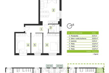 Rzut - Mieszkanie na sprzedaż 4 pokoje o powierzchni 75,65 m² - numer 1K4 M2 w Osiedle Krzeptów przy lesie