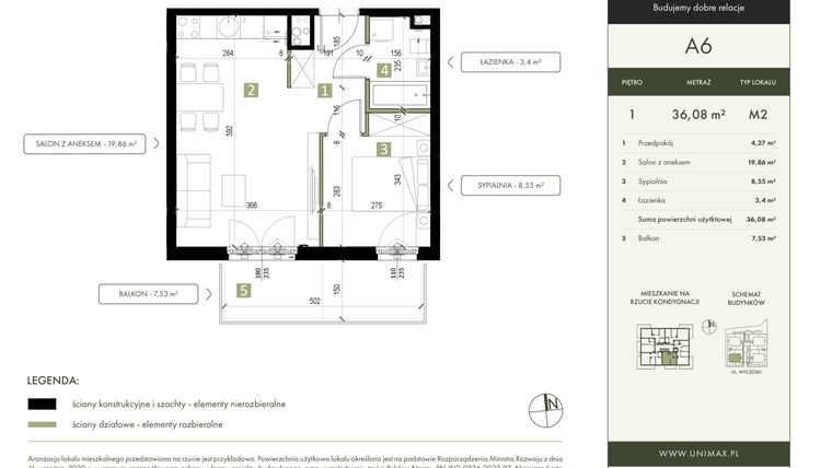 Rzut - Mieszkanie na sprzedaż 2 pokoje o powierzchni 36,08 m² - numer A6 w Quattro Ursynów