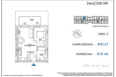 Rzut - Mieszkanie na sprzedaż 2 pokoje o powierzchni 37,5 m² - numer B1.2.7 w Apartamenty Nowe Miasto