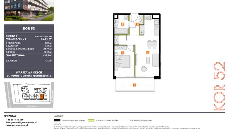 Rzut - Mieszkanie na sprzedaż 2 pokoje o powierzchni 43,23 m² - numer M21 w KOR 52