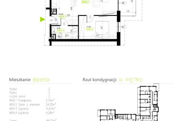 Rzut - Mieszkanie na sprzedaż 2 pokoje o powierzchni 44,02 m² - numer B6M59 w Osiedle Natura Park etap II