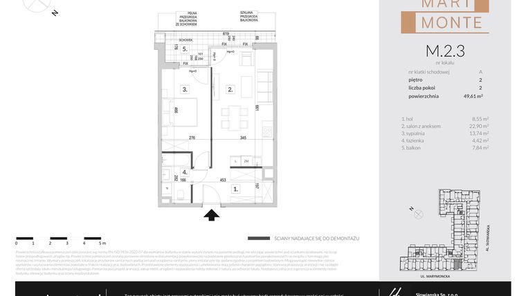 Rzut - Mieszkanie na sprzedaż 2 pokoje o powierzchni 49,61 m² - numer M.2.3 w Marimonte