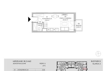 Rzut - Mieszkanie na sprzedaż 1 pokój o powierzchni 26,88 m² - numer BII.3.M62 w Przewóz 42 ATAL II