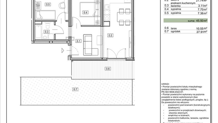 Rzut - Mieszkanie na sprzedaż 3 pokoje o powierzchni 45,5 m² - numer ZL-3.2 w Zielony Lewandów