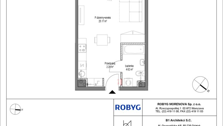 Rzut - Mieszkanie na sprzedaż 1 pokój o powierzchni 32,08 m² - numer B.3M02 w Leszczyńskich 2