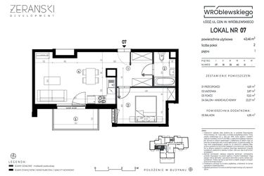 Rzut - Mieszkanie na sprzedaż 2 pokoje o powierzchni 43,46 m² - numer A07 w Wróblewskiego