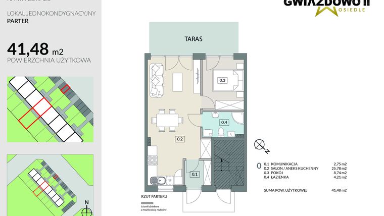 Rzut - Mieszkanie na sprzedaż 2 pokoje o powierzchni 41,48 m² - numer A19.1 w Gwiazdowo II