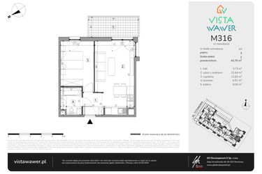 Rzut - Mieszkanie na sprzedaż 2 pokoje o powierzchni 42,7 m² - numer M316 w Vista Wawer