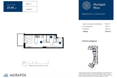 Rzut - Mieszkanie na sprzedaż 1 pokój o powierzchni 27,14 m² - numer 1.C.3.08 w Murapol Rivo