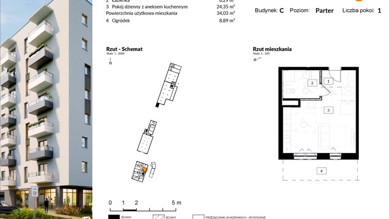 Rzut - Mieszkanie na sprzedaż 1 pokój o powierzchni 34,03 m² - numer C.8 w Osiedle Kochanowskiego - Gliwice