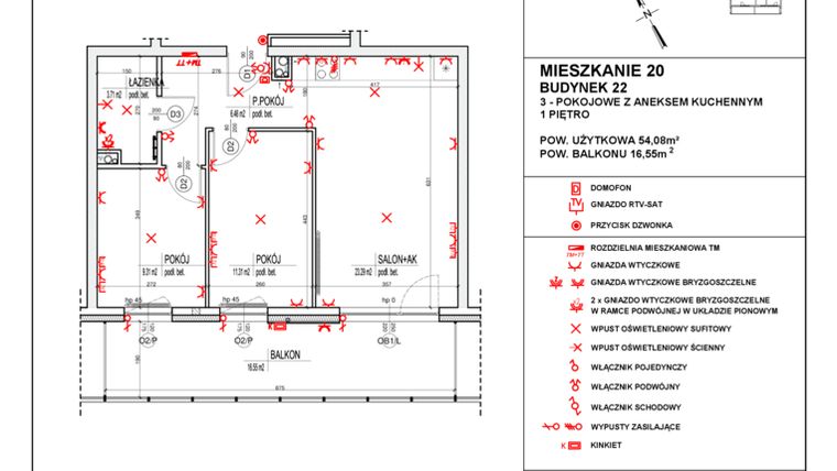 Rzut - Mieszkanie na sprzedaż 3 pokoje o powierzchni 54,08 m² - numer 22_20 w Osiedle 4 Pory Roku - Etap VIII