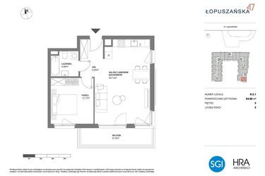 Rzut - Mieszkanie na sprzedaż 2 pokoje o powierzchni 54,5 m² - numer K.2.1 w Łopuszańska 47 - etap 3