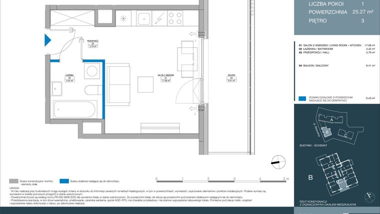 Rzut - Mieszkanie na sprzedaż 1 pokój o powierzchni 25,27 m² - numer B.1.4.3 w Meri Apartamenty