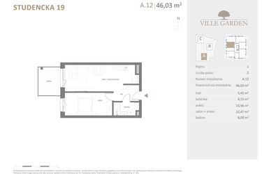 Rzut - Mieszkanie na sprzedaż 2 pokoje o powierzchni 46,03 m² - numer A.12 w Ville Garden