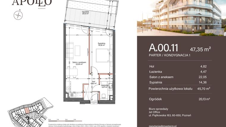 Rzut - Mieszkanie na sprzedaż 2 pokoje o powierzchni 45,7 m² - numer A.0.11 w Apollo Residence