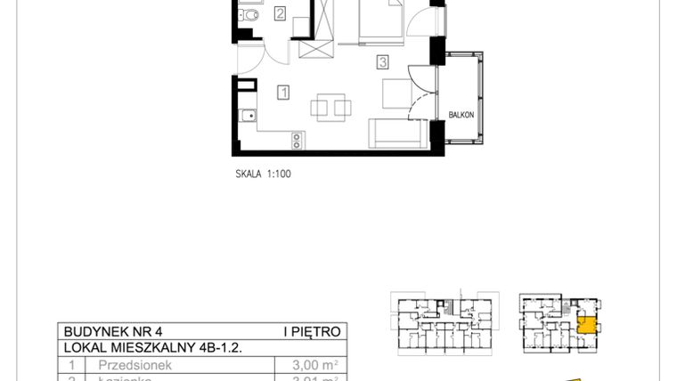 Rzut - Mieszkanie na sprzedaż 1 pokój o powierzchni 30,64 m² - numer 4B-1.2 w Gardenia Pogodno