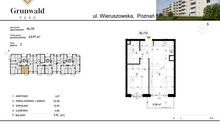 Rzut - Mieszkanie na sprzedaż 2 pokoje o powierzchni 43,97 m² - numer 8 L/10 w Grunwald Park
